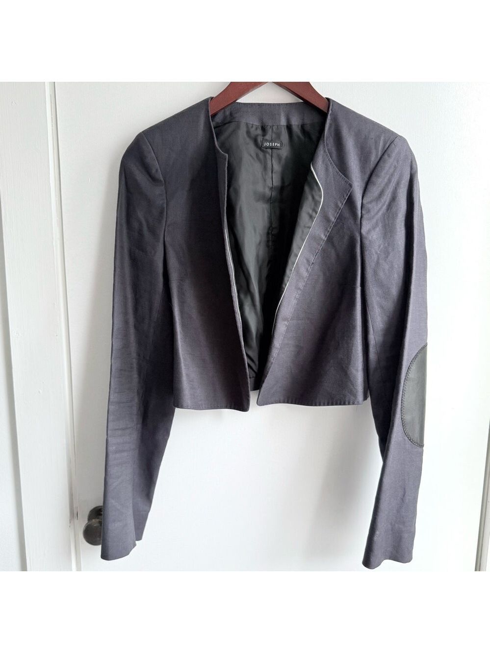 JOSEPH Blazer Cropped Linen Blend Slate Blue Leather Elbow Patch Sz 40 FR / 8 US